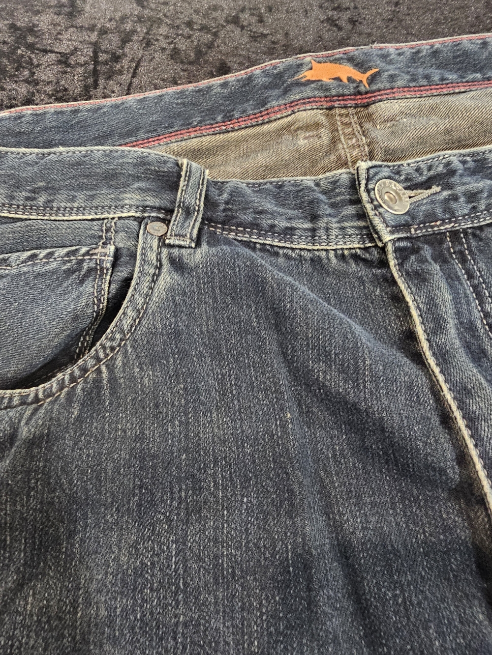 Tommy Bahama Blue Denim Relaxed Fit Jeans with Orange Shark Accent